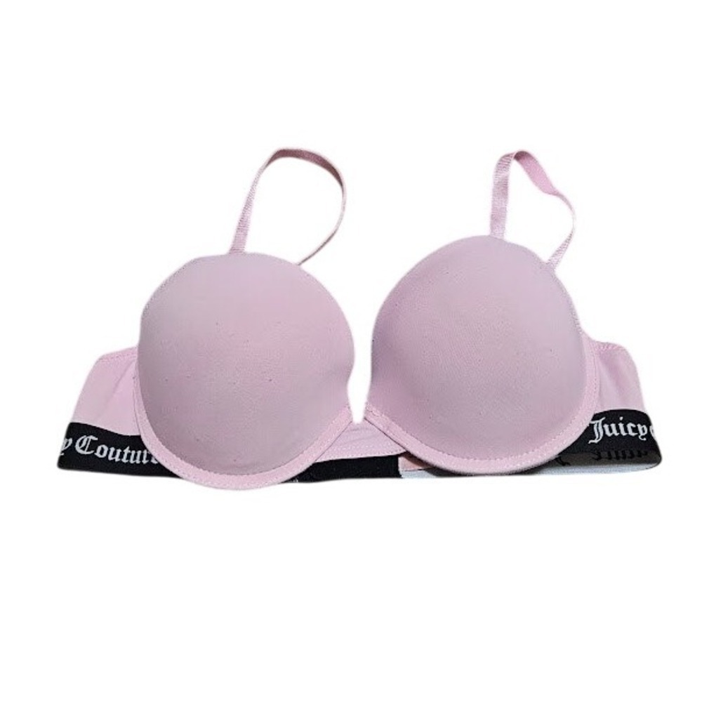 Juicy Couture Plunge Push Up Bra 34B Pink Black Logo Underwire Padded
